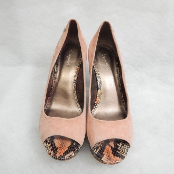 Calvin Klein Womens Pink Peep Toe Faux Suede / Snake Skin Wedge Size 8M - Picture 2 of 8